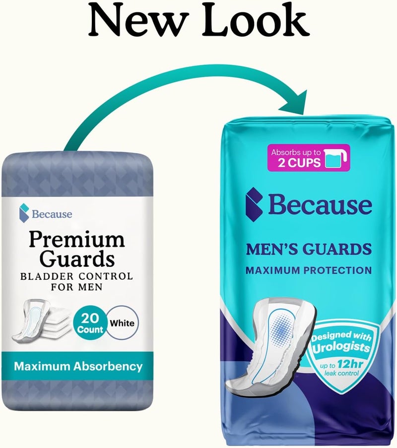 because Premium Guards for Men - 20 Count Pack of Discreet, Individually Wrapped Bladder Protectors - Complete Absorbency, Fast-Locking, Odor Control - Comfort Fit, 2 Cups of Absorbency - Image 1
